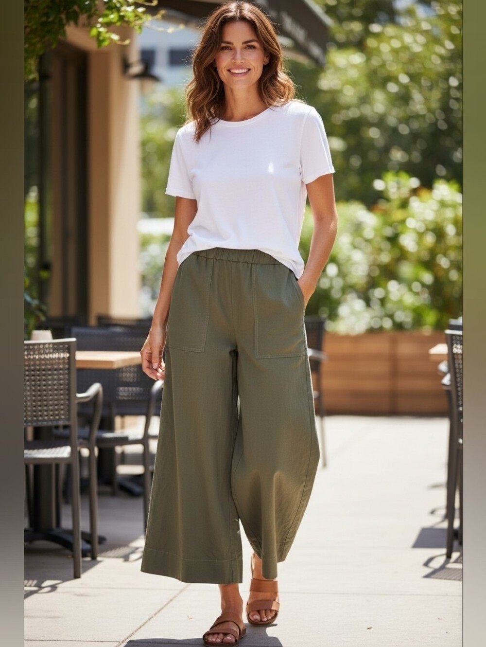 Twenty Wide Leg Pull On Pants‎ Khaki Elastic Waist Sage Green Boho Lagenlook